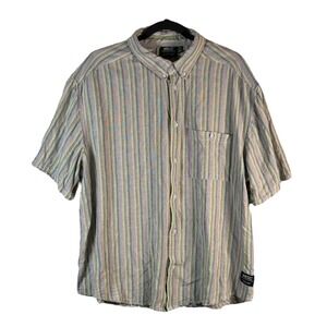 WeSC Men's XXL Linen Blend Striped Shirt Multicolor Short‎ Sleeve Lagenlook Boho